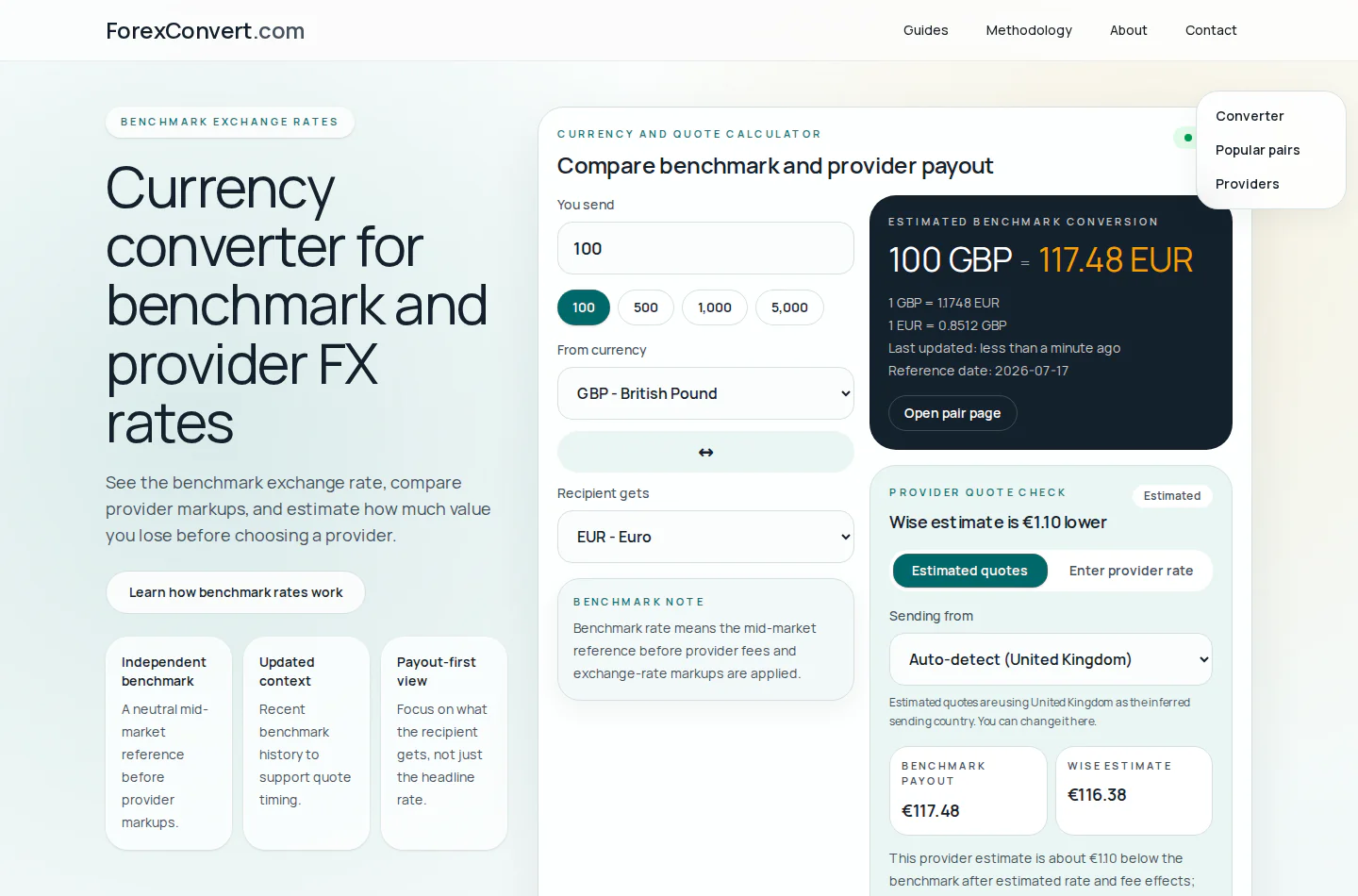 ForexConvert homepage with benchmark exchange rate and provider quote comparison tools.