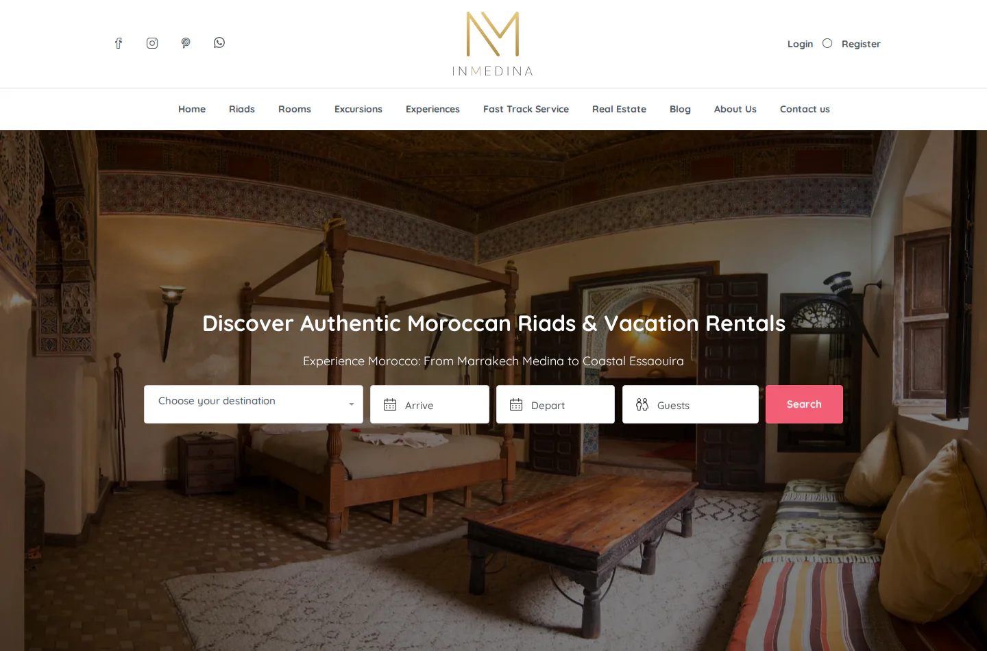InMedina homepage with a Moroccan riad search hero.