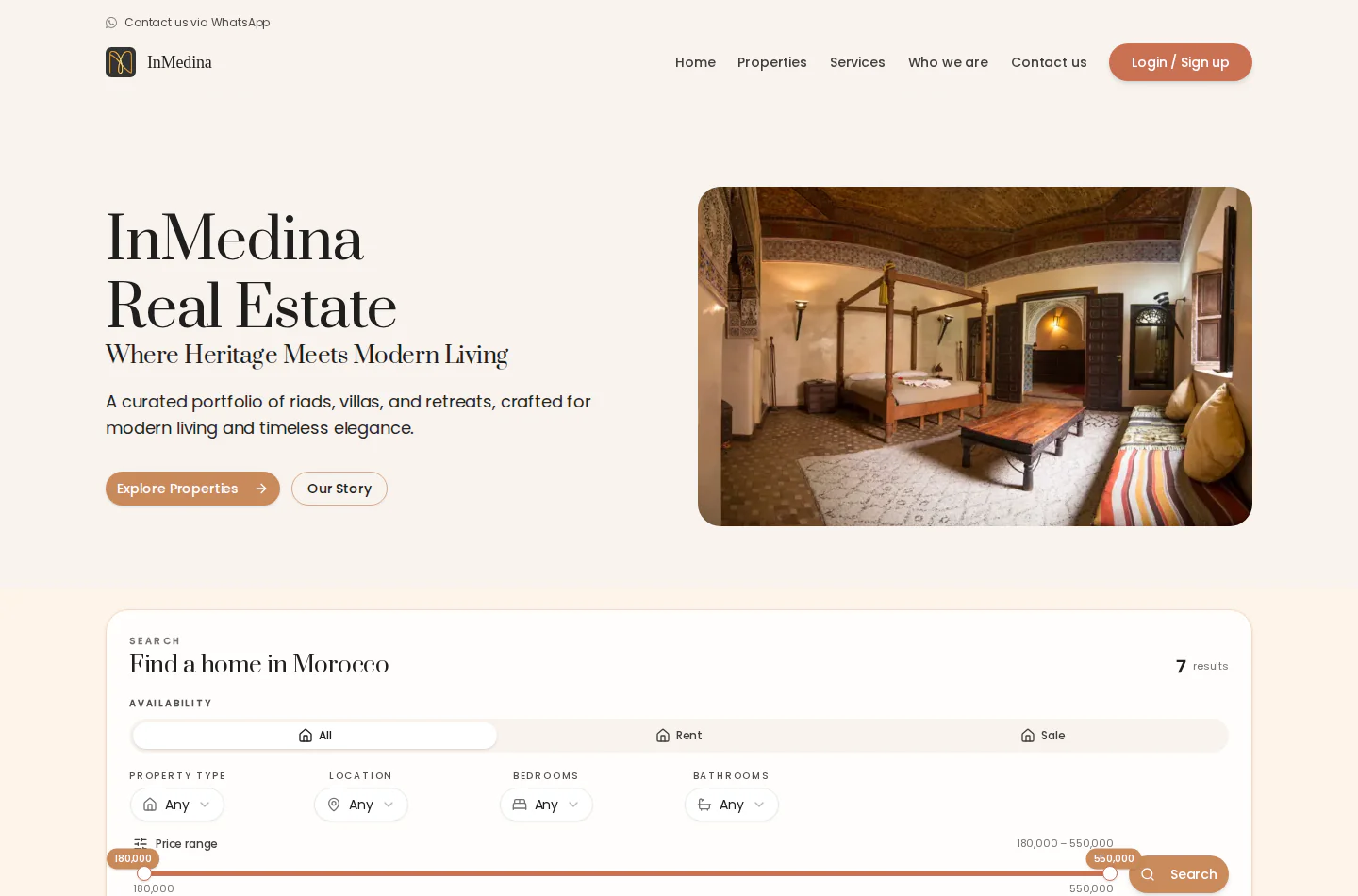 Real Estate InMedina homepage with property search filters and a riad feature image.
